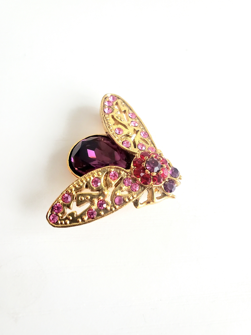 Gold-Tone Pink & Purple Crystal Bee Brooch - Retro Rhinestone